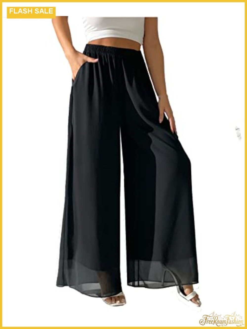 Womens Wide Leg Palazzo Pants High Waist Elastic Waist Chiffon Casual